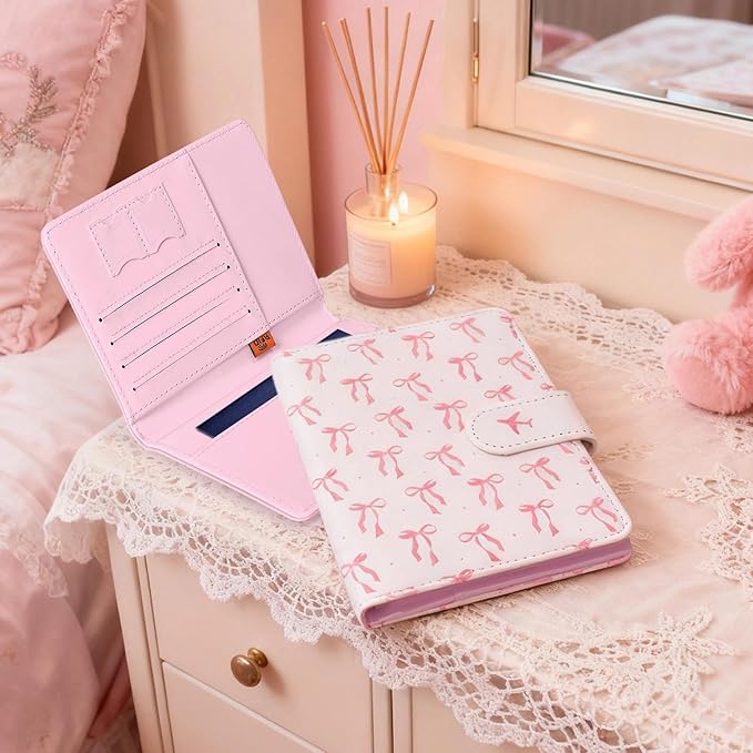 COSHAYSOO Personalized RFID Passport Holder for Travel Women Passports Cover Case Air Essentials Airplane Flight Accessories Airline Plane Flying Must Haves Christmas Gifts Teen Girls Pink Bow Knot