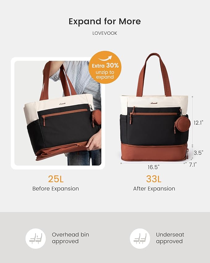 LOVEVOOK Tote Bag for Women, Expandable Laptop Work Bag 15.6 Inch, 33L Large Travel Handbag with 40oz Tumbler Holder, TSA