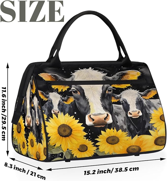 Gym Bag for Women Men, Watercolor Yellow Sunflowers Cow Sports Duffel Bags, Waterproof Travel Weekender Overnight Carry On Tote Bags for Travel Sports