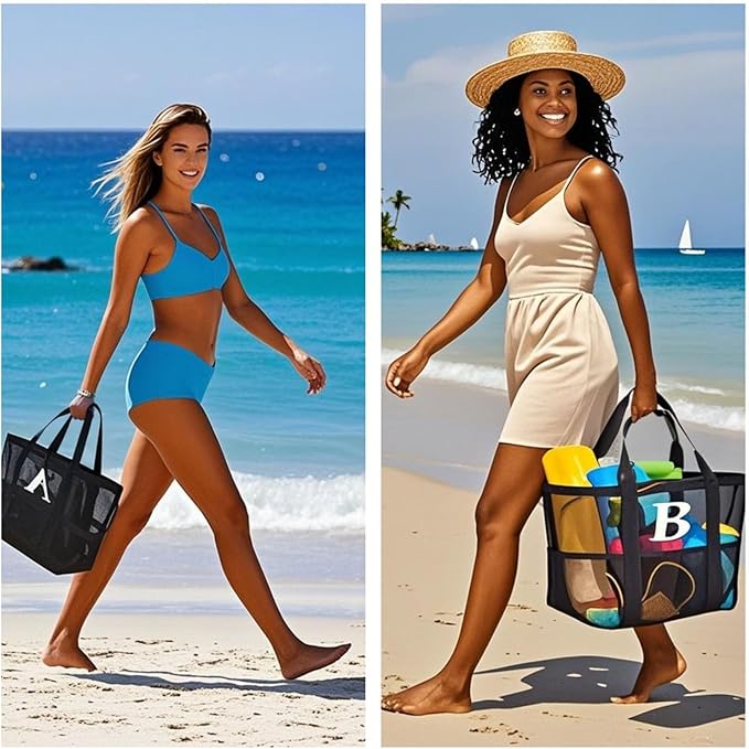 Personalized Mesh Beach Bag for Women - Waterproof Initial Tote Bag for Family Travel, Toys, Vacation Essentials