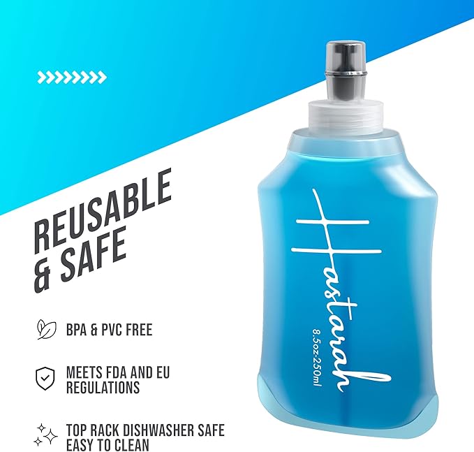 Flexible Running Bottle - Two Pack: 8.5oz, Foldable, BPA/PVC Free, Perfect for Hydration Pack, Running Vest - Ideal for Jogging, Hiking & Travel