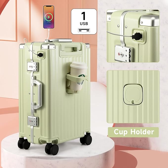 MYER Hard Shell Carry On Luggage 22x14x9 Airline Approved,20 Inch Aluminum Luggage with 100% 3-Layer PC,Carry On Suitcases with Wheels,Cup Holder and USB Port (Vanilla Green, 20 inch)