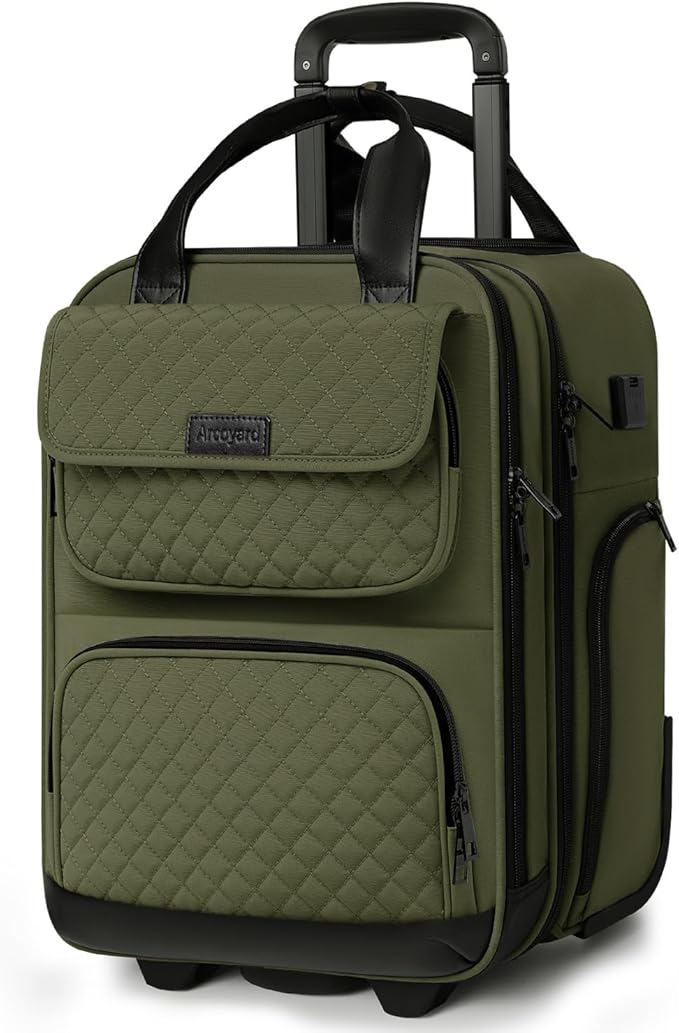 Underseat Carry On Luggage with Wheels, Airline Approved Personal Item Luggage, 16-Inch Multi-functional Underseat Luggage, Lightweight Overnight Suitcase for Women, Bussiness, Travel, Green