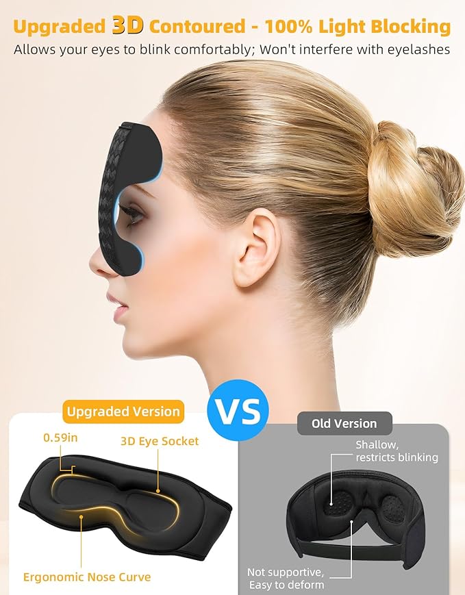3D Contoured Sleep Mask with Bluetooth Headphones, Adjustable Blackout Sleeping Mask, Easy Installation Sleeping Headphones with Ultra-Thin Stereo Speakers for Men, Women - Gray