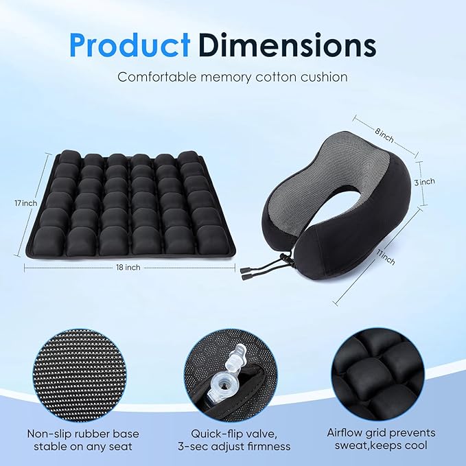 Travel mat - inflatable bubble design, used for car/office/airplane seat cushion, equipped with storage bags. Ergonomically designed 3D inflatable airbag, including neck pillow kit (Rectangle)