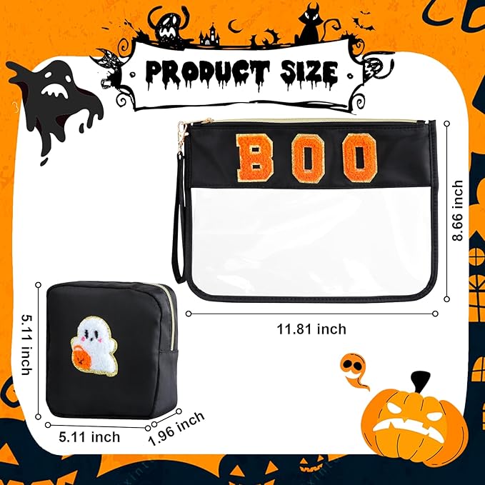 2 Pcs Halloween Gifts Cosmetic Makeup Bags with Boo Chenille Letter Patch, Clear Pouch PVC Organizer Purse, Waterproof Travel Bag, Portable Toiletry Storage Bag for Girls Friends Women