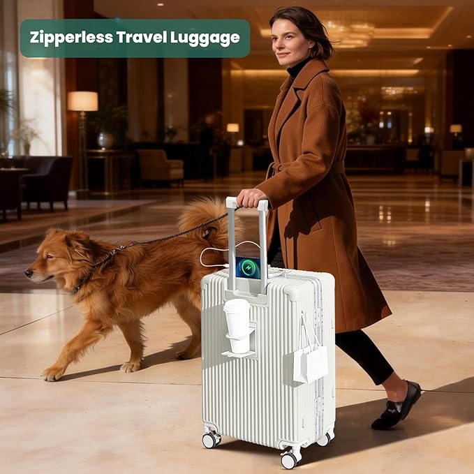 20 Inch Aluminum Frame Carry On Luggage with Front Pocket, USB Port, Phone Holder & Cup Holder, Hard Shell Spinner Suitcase for Airplane Travel, White
