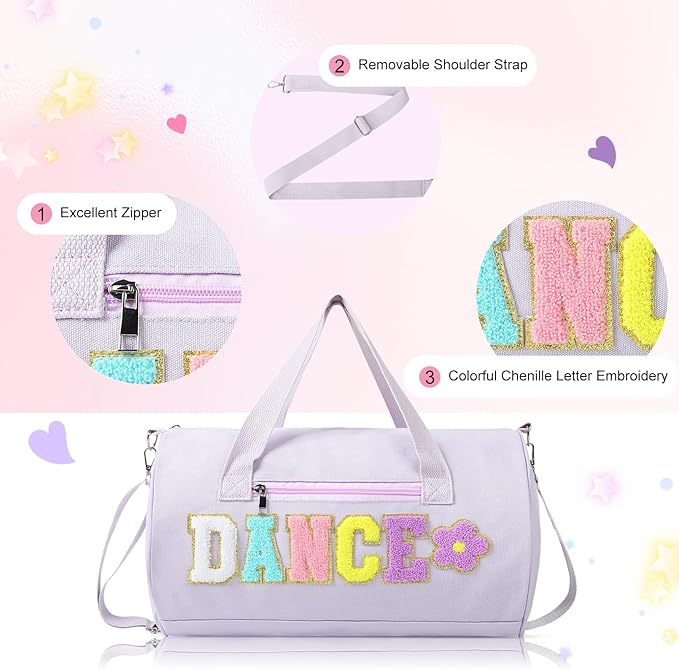 Dance Bag for Girls, KUIRAN 23L Travel Duffel Bag with Colorful Chenille Letter, Lightweight Small Gym Sport Ballet Weekender Bag with Large Main Compartment - Purple