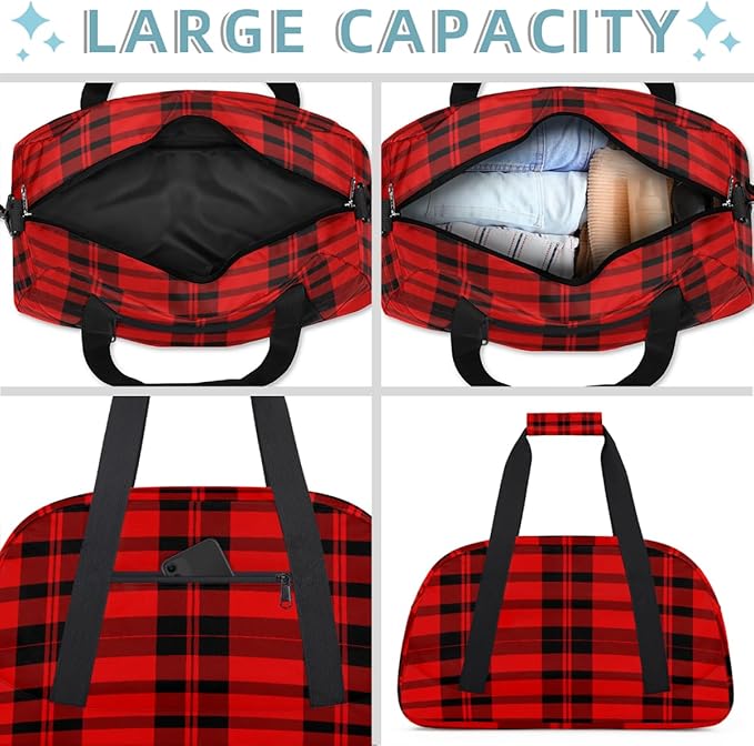 Gym Bag for Women Men, Red And Black Checkered Patterns Travel Duffle Bags for Dance Ballet Overnight, Carry-On Weekender Bag with Detachable Shoulder Strap