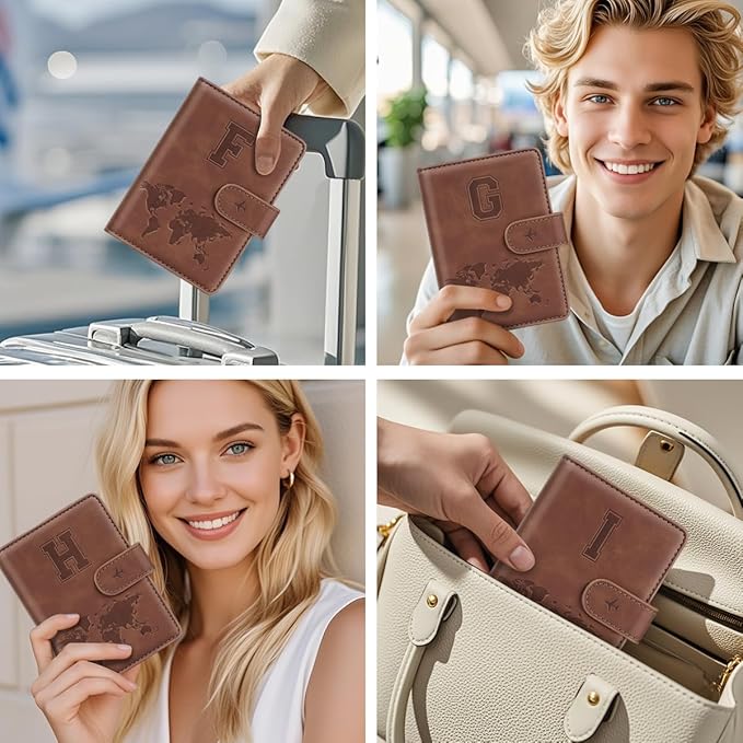 Passport Holder Wallet Cover Personalized Letter A-Z Travel Wallet RFID Blocking Passport Cover Wallet Case for Travel Passport Book Holders for Women and Men, Brown-F