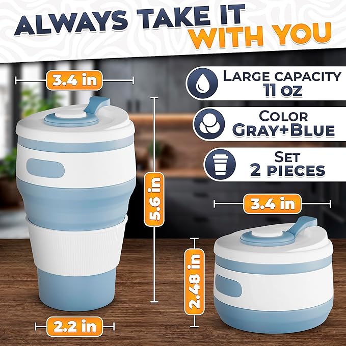 2-Pack Сollapsible Cups for Traveling Reusable – 12oz Leakproof Coffee Travel Mug, Silicone, Foldable and Portable for Hiking, Camping, Office | Lightweight Collapsible Coffee Cups for Easter Brunch