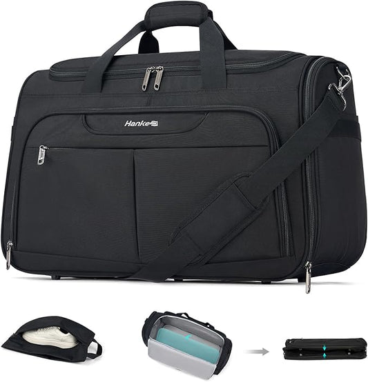 Hanke Carry On luggage Bags for Travel, Large Foldable Duffle Bag for Travel, Softside Lightweight Travel Bag Carry On Bags for Airplanes Women, Travel Tote Bags for Women Men.（Black）