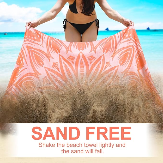 Oversized Cotton Turkish Beach Towels 72"x36" Lightweight Quick Dry Sandless Pool Swim Towel Large No Sand Compact Blanket Adult Travel Essentials Cruise Accessories Must Haves Orange Boho Mandala