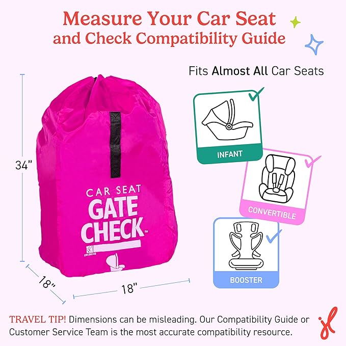 J.L. Childress Gate Check Travel Bag for Car Seats - Car Seat Travel Bag for Airplane, Includes AIRTAG Holder, Fits All Baby Car Infant Carriers & Child Booster Seats - Neon Pink