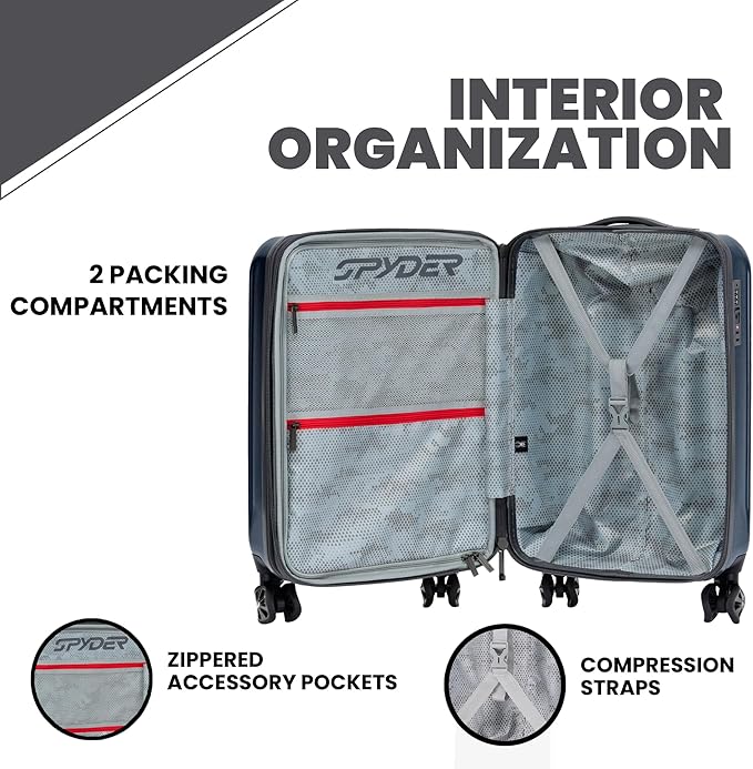 Spyder Rails 25 Inch Expandable Hardside Checked Suitcase with 360° Spinner Wheels, TSA Approved Lock