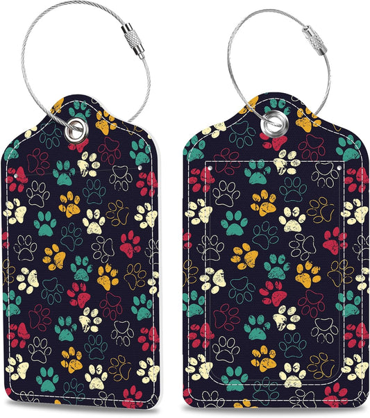 Luggage Tags for Suitcase Cute Cat Dog Paws 2 PCS Leather Travel Cruise Luggage Tag with Stainless Steel Loop Name ID Label Privacy Cover for Women Men Travel Bag Labels Set