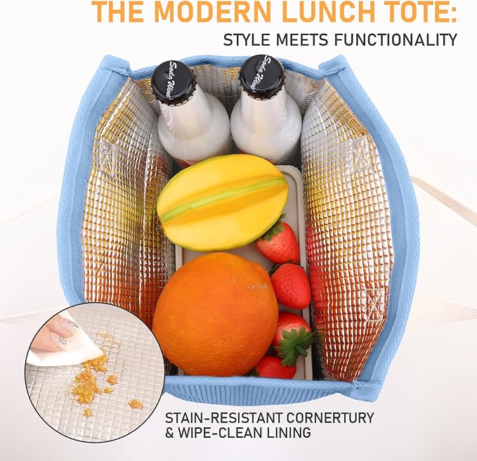 TELLUMO Corduroy Lunch Bag for Women Men Cute Lunch Bag Insulated Lunch Box with Large Capacity (7.5L) Reusable Lunchbag for Work, Picnic, Beach or Travel (S- Corduroy Blue)
