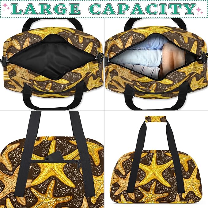 Golden Starfish Gym Travel Duffle Bag for Women & Men with Front Zipper Pocket for Sports, Overnight, Weekender, Carry On,Workout & Dance Bag,Starfish,18.9 * 8.7 * 10.6 in