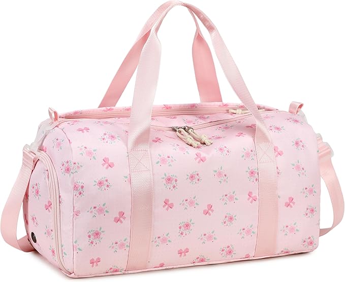 Gym Bag Sports Duffle Bags with Wet Pocket Weekender Overnight Bag with Shoe Compartment and Air Hole for Girls Kids Women Workout Travel Bags (Bow Flower-Pink)