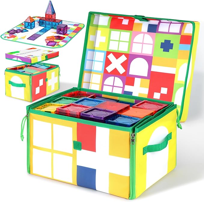 Magnetic Tiles Storage Bin & Interactive Playmat - Foldable Toy Organizer for Magnetic Tile, Portable Storage with Handles,12.6x11.4x7.7in Play Space for Home, Travel, Classroom