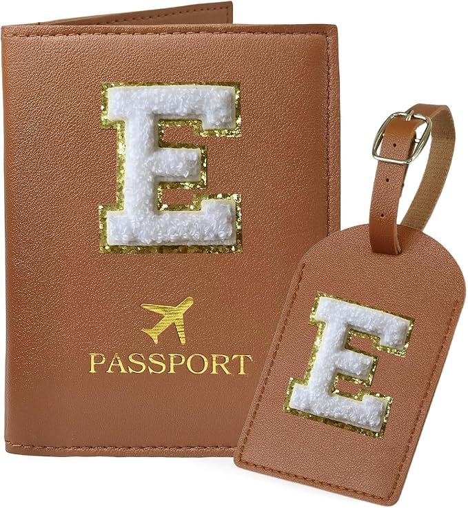 COSHAYSOO Brown Passport Cover and Luggage Tag Set TSA Approved with Her Initial Chenille Letter Patch for Big Little Girls Sister Daughter, Hawaii Travel Bag Backpack Suitcase Identifier (E)