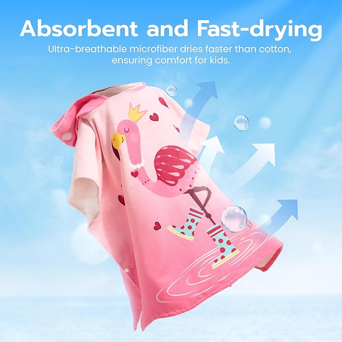Joiedomi Kids Beach Towels with Hood for Girls Flamingo Hooded Toddler Bath Towel Quick Dry Soft Microfiber 30"x30"