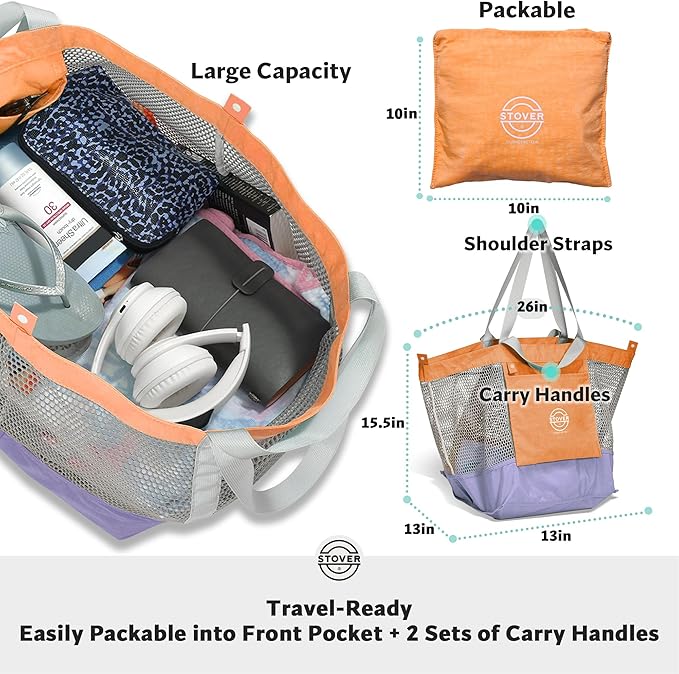STOVER Extra Large Mesh Beach Bag, Vacation, Pool, Shopping & Travel Tote - Foldable w/Storage Pouch & Pockets for Women, Men