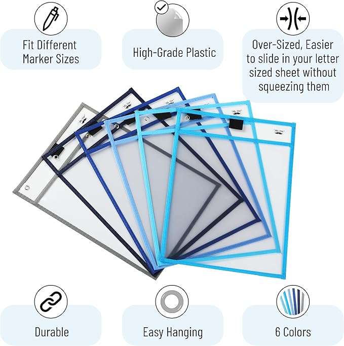 Mr. Pen- Dry Erase Pocket Sleeves, 6 Pack, 10"x14", Ocean Breeze Color Theme, Dry Erase Pockets Reusable Sleeves, Job Ticket Holders with Marker Holder & Metal Eyelet