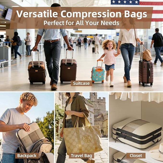 Compression Packing Cubes for Travel,6-Piece Travel Luggage Organizers with Breathable Mesh, Storage Bags for Clothes, Essential Travel Accessories, Beige