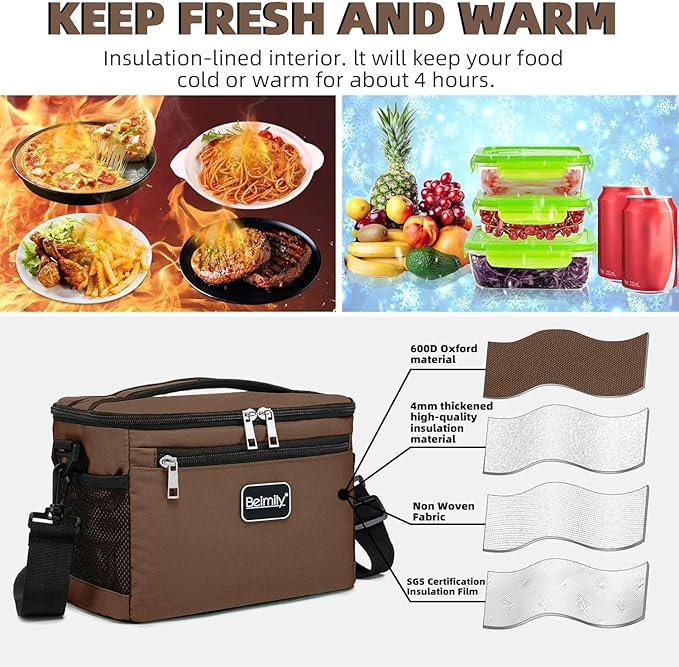 Generic BEIMILY Lunch Bag for Women/Men,Reusable Lunch Box Small Cooler Bag Soft Sided,Leakproof Cooler Bag for Office Work Picnic Beach with Adjustable Shoulder Strap (coffee brown), 2311A
