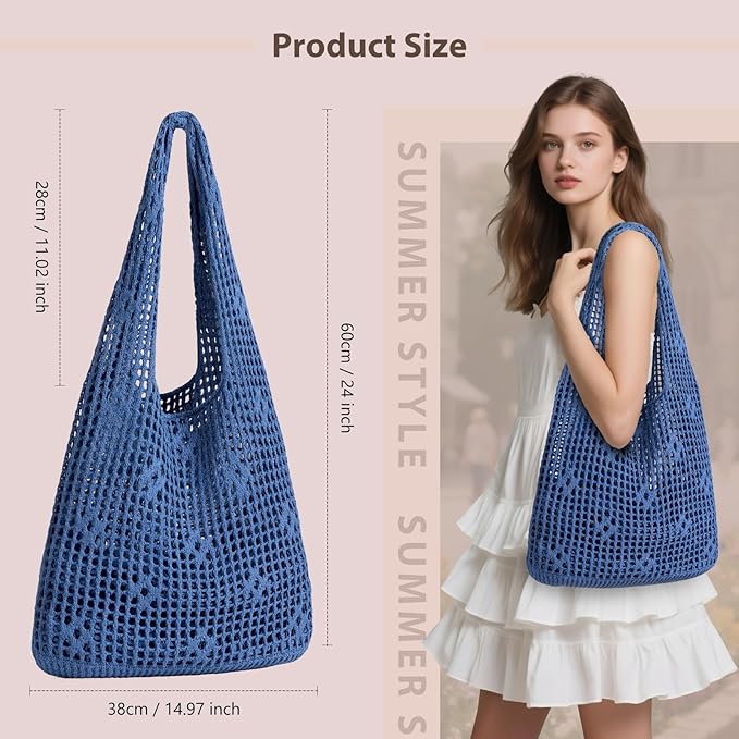 Sightor Crochet Tote Bag, Mesh Beach Bag Knit Summer Hobo Bag Vacation Boho Tote Bag for Women