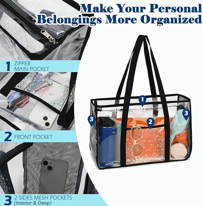 Clear Beach Bag for Women, Large Pool Tote Cruise Vacation Essentials - Zipper Closure, Waterproof, Sandproof