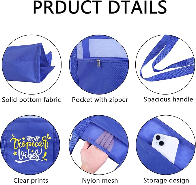 Reusable Large Beach Bags With 2 Pockets & Zipper, Lightweight Beach Tote for Poolside, Trip/swim