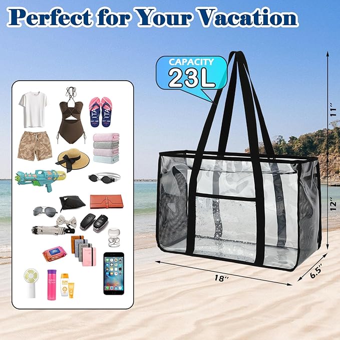 Clear Beach Bag for Women, Large Pool Tote Cruise Vacation Essentials - Zipper Closure, Waterproof, Sandproof