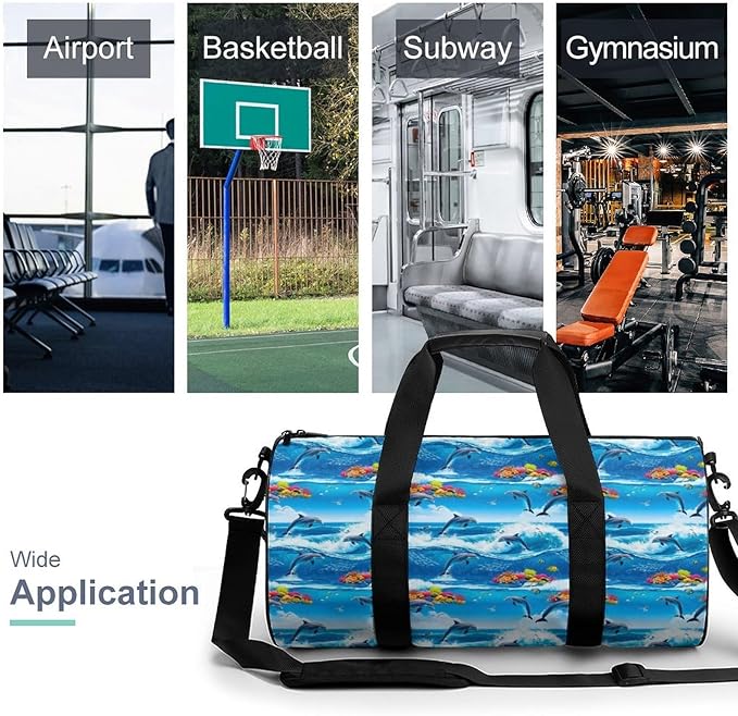 Basketball Football Weekender Bag Strong Waves Jumping Dolphin Great Ocean Wave Blue Carry on Beach Yoga Overnight Luggage Bag Sports Gym Bags for Men Women