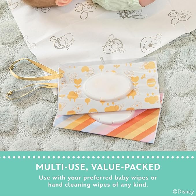 Disney Baby by J.L. Childress Reusable Wet Wipes Case Pouch - Refillable Baby Wipes Dispenser, Travel Essential for On the Go, Portable Holder with Wrist Strap - Winnie the Pooh, 2 Pack