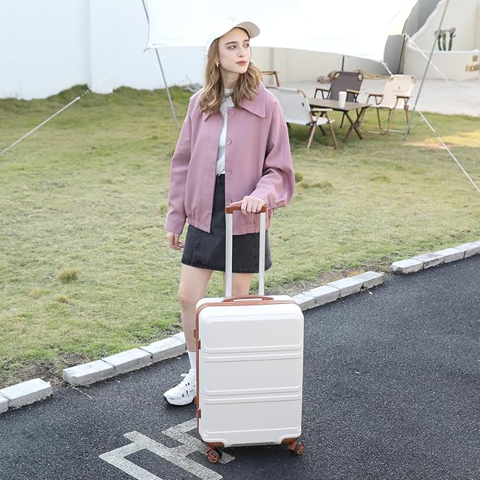 Kono Carry On Luggage Set Airline Approved Lightweight PC+ABS Carry On Suitcase with TSA Lock Spinner Wheels Durable Luggage Hardside White