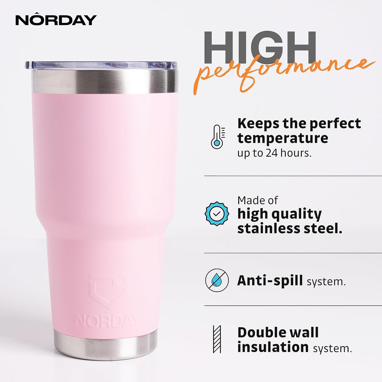 NORDAY | Tumbler with Lid - 30oz - Light Pink Insulated Tumbler - Stainless Steel Tumblers - Double Wall Insulated Travel Coffee Mug for Car Cup Holder - Keeps Temperature for 24hr - Anti Spill Lid
