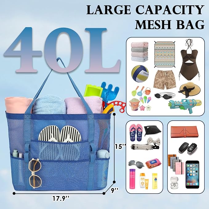 Mesh Beach Bag, Large Beach Tote with Zipper Pocket, Toys Pool Bag for Family Travel Vacation Cruise Essentials