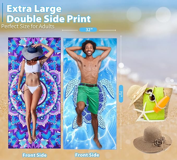 TwoYek 4 Pack Microfiber Thin Beach Towel Lightweight 71x32 Extra Large Sand Free Soft Towels Quick Dry for Travel Pool Yoga Gym Sports Beach Accessories Vacation Essential Gift