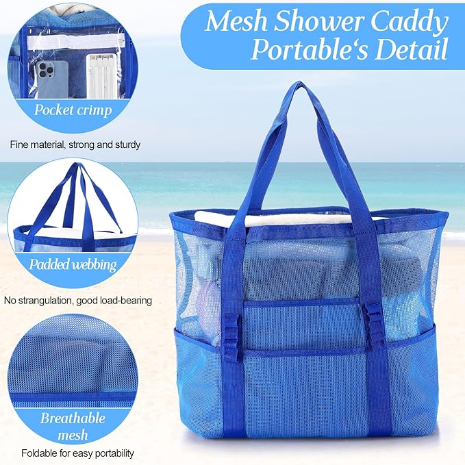 Hillban Large Beach Mesh Bags Bulk for Women Beach Tote Bag with 8 Pocket Zipper Waterproof Sandproof for Pool Cruise Ship