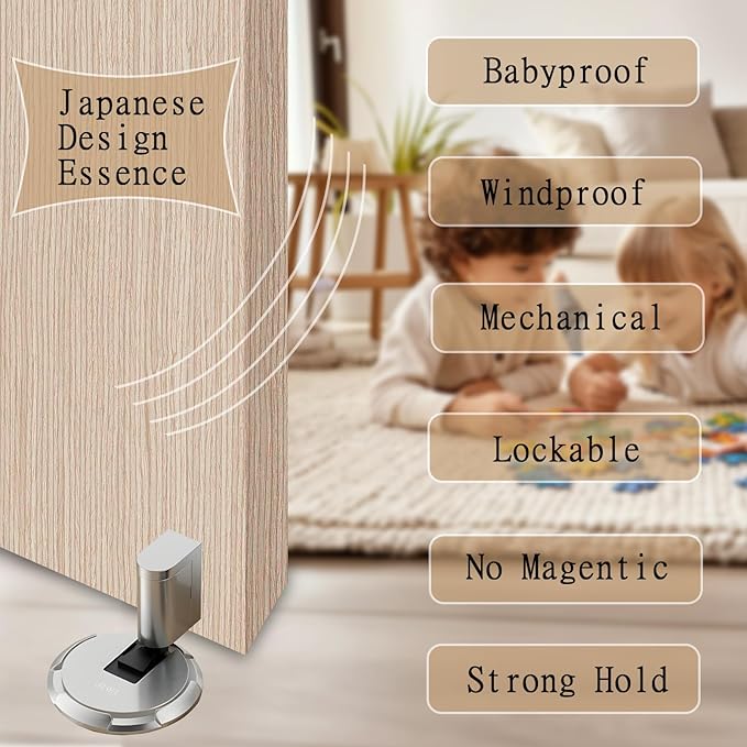 UBVIF No Magnetic Door Stopper, Adjustable, Mechanical Doorstop, Windproof Door Stop for Indoor, No Nails/Screws Needed,Heavy Duty Door Holder,Keep Door Open (1, Matte Brushed Nickel)