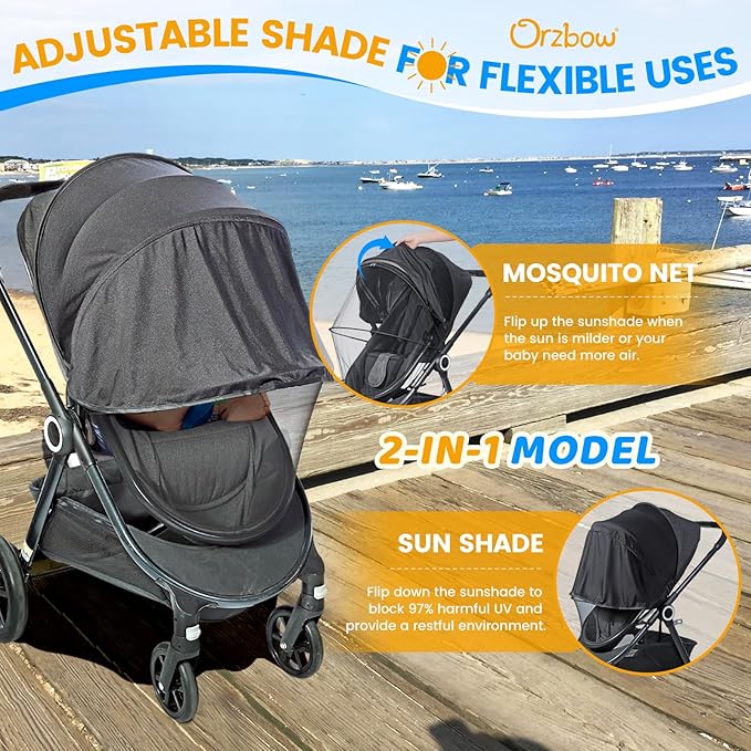 Orzbow Baby Mosquito Net with Sun Shade UPF50+ for Stroller, Universal Stroller Mosquito Netting Privacy Cover with Two-Way Zipper and Storage Bag for Car Seats, Bassinets, Cradles, Mini Cribs, Black