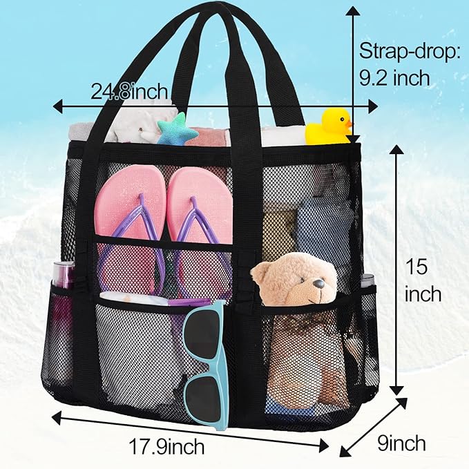 Mesh Beach Bags for Women - Family Beach Tote Bag for Toys, Towels, Travel Vacation Cruise Essentials