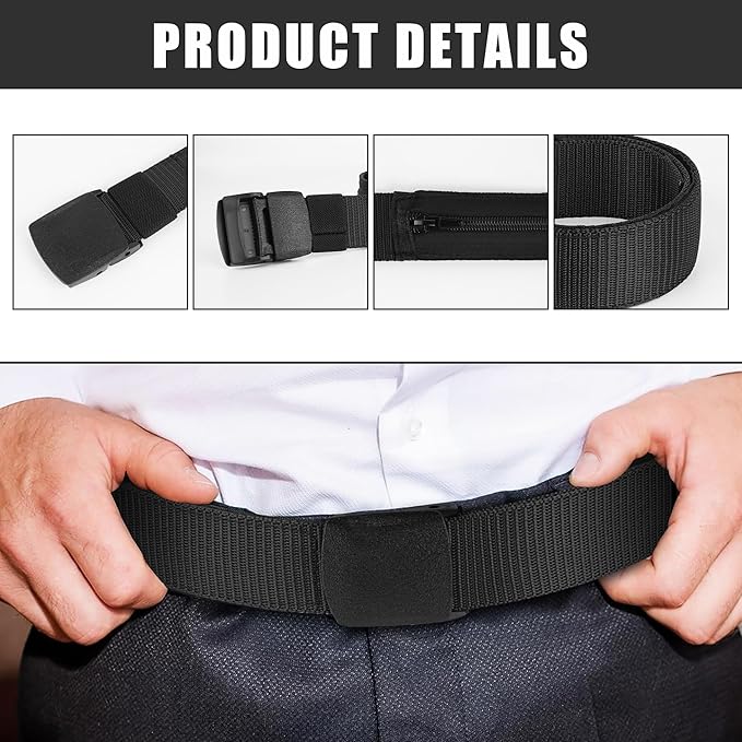 2 Pack Money Belts for Travel, Anti-Theft Hidden Waist Wallet with Zippered Security Pockets, Adjustable Nylon Belt for Men & Women Under Clothes (Black)