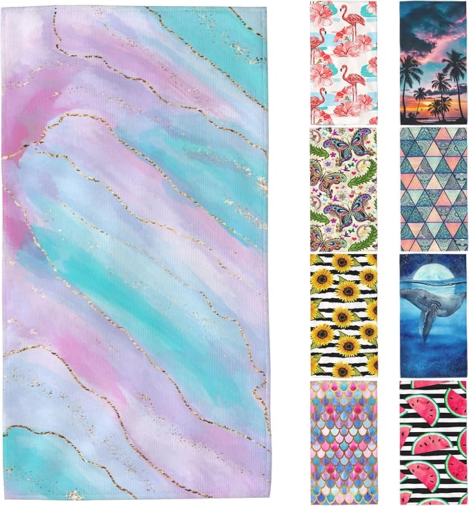 Microfiber Beach Towels,Watercolor Pink Blue Marble with Golden Stripe Oversized Absorbent Bath Towels,Soft Quick Dry Thin Camping Towel for Adults Women Men,29.5"×59"