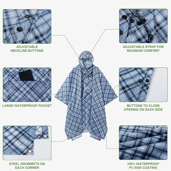 Hooded Rain Poncho for Adults - Waterproof Rain Coat and Lightweight Jacket 3-in-1 Multi-Function with Pockets