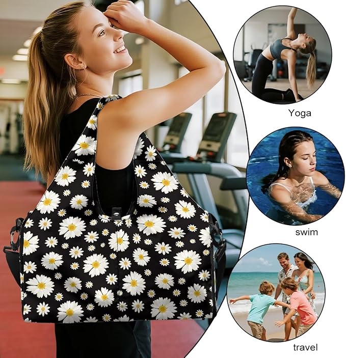 Daisy Flower Sports Gym Duffle Bag with Shoes Compartment Large Personal Item Travel Bag Beach Swim Overnight Weekender Duffel Carry On Bags, Black
