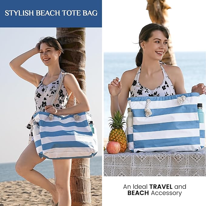 Clothirily Beach Bag for Women - Large Beach Tote Bag, Waterproof Sandproof Beach Bag with Zipper, Large Swim Pool Beach Tote