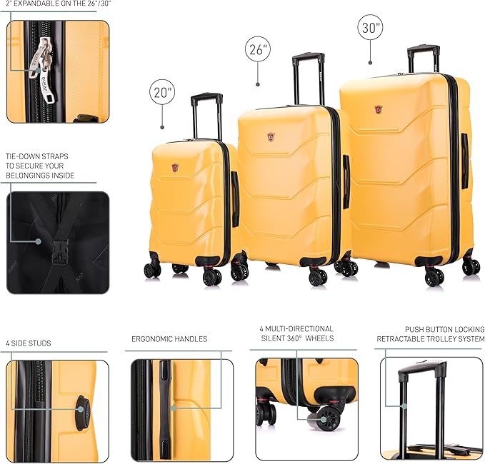 DUKAP ZONIX Luggage with Spinner Wheels | Durable Lightweight Hardshell Suitcase, Spacious Travel Sets with Handle and Trolley | (20/26/30) 3 Piece Luggage Set | Mustard